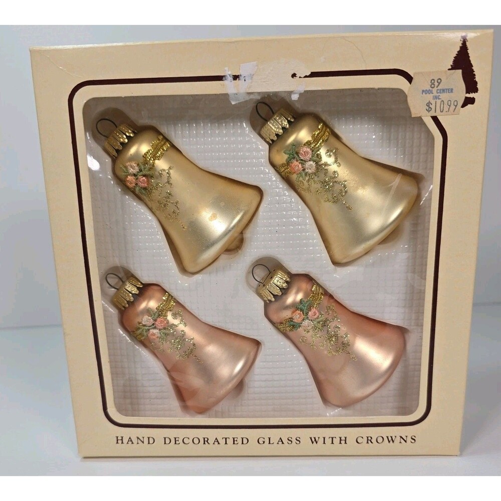 VTG Christmas By Krebs Hand Decorated Glass Bell Ornaments Victorian Pink Cream